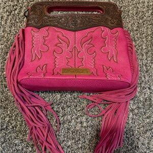 Wrangler Pink and Brown Embroidered Fringe Shoulder Bag